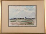 a picture of a painting of a mountain in the background