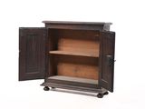 a wooden cabinet with a door open on a white background