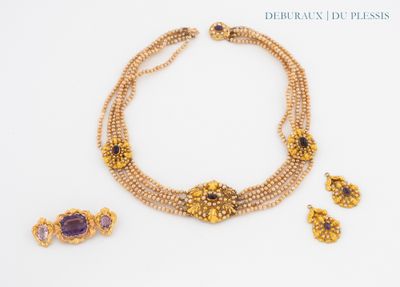 necklace and earring set with amethorate, amethorate, and amethorate beads