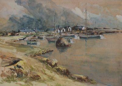 un tableau représentant un port avec des bateaux sur l'eau
