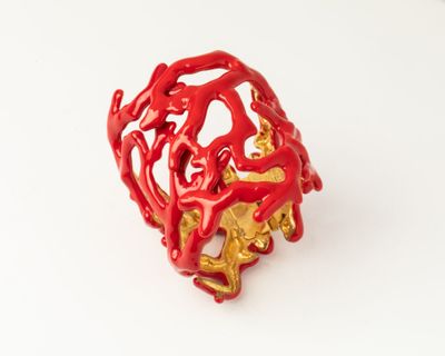 a red and gold ring on a white surface