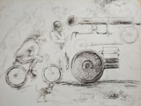 drawing of a man riding a bike next to a fire truck