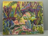une peinture à l'huile représentant un tableau représentant un jardin avec des fleurs et des plantes
