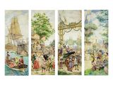 three paintings of people in boats on a river with a castle in the background