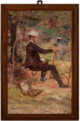 une peinture à l'huile représentant un homme assis sur une chaise devant un chevalet