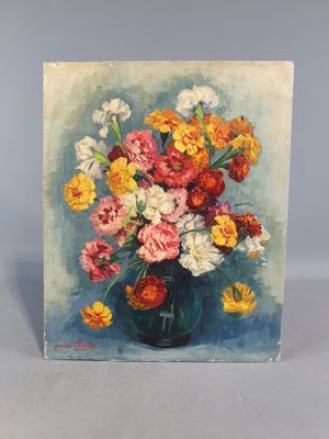 une peinture à l'huile représentant un vase de fleurs sur une table