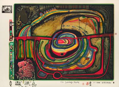 abstract painting of a circular structure with many colors and shapes