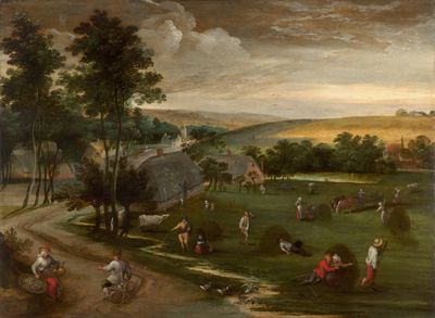 painting of a painting of people and animals in a field near a river