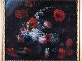 a painting of flowers in a vase on a table