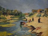 painting of people on the shore of a river with a building in the background