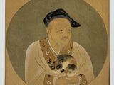 painting of an old man holding a cat in his arms