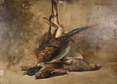 a painting of a dead bird hanging from a hook
