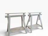 pair of two wooden benches sitting next to each other on a white surface