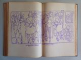 an open book with a drawing of a group of people on it