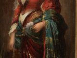 une peinture à l'huile représentant une femme en robe rouge avec un châle blanc
