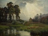 painting of a farm scene with sheep grazing in a river