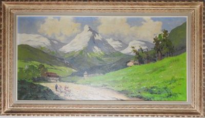 une peinture à l'huile représentant un paysage de montagne avec des personnes marchant le long d'une route