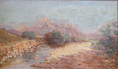 an oil painting of a river with a mountain in the background