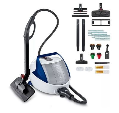 un gros plan sur un aspirateur bleu et blanc et ses accessoires