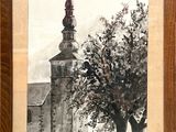 painting of a church with a steeple and a tree in the foreground