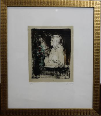 tableau représentant une femme assise sur une chaise, une fleur à la main