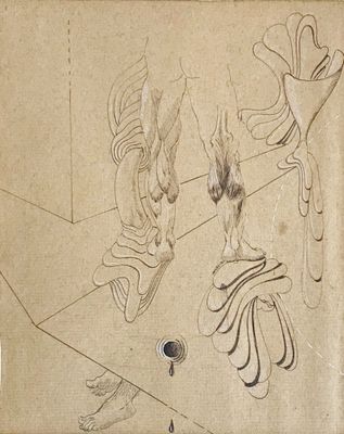 dessin représentant les pieds et les mains d'une femme sur une feuille de papier