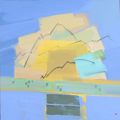 abstract painting of a blue sky with yellow and green mountains