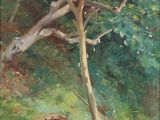 an oil painting of a basket in the grass near a tree