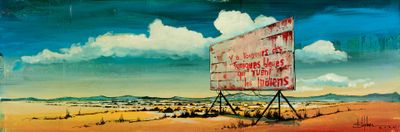 une peinture représentant un panneau publicitaire au milieu du désert