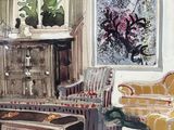 a painting of a living room with a couch and a coffee table