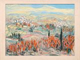 une peinture à l'huile représentant un paysage avec des arbres et des collines en arrière-plan