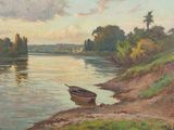 une peinture représentant un bateau amarré sur la rive d'une rivière