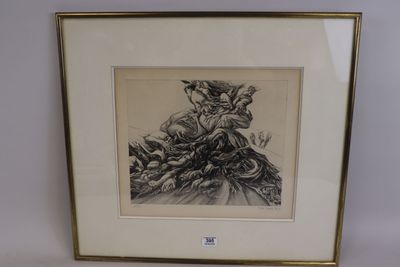 a black and white drawing of a man riding a horse