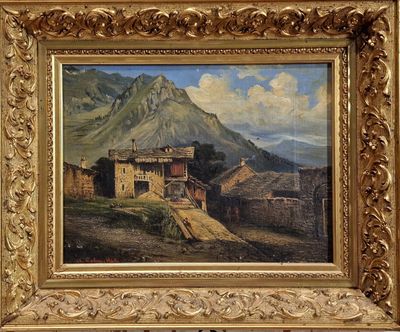 une peinture à l'huile représentant un village avec une montagne en arrière-plan