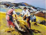 une peinture à l'huile représentant deux personnes travaillant dans un champ