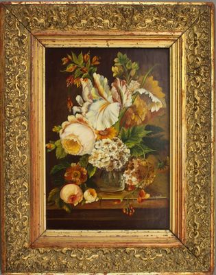 an oil painting of flowers in a vase on a table