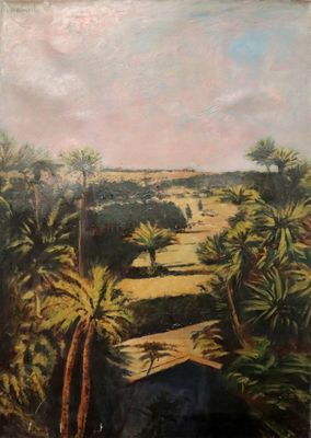 une peinture à l'huile représentant un paysage avec des palmiers et une rivière