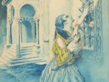tableau représentant une femme en robe bleue tendant la main vers un immeuble