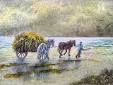 a painting of two horses pulling a wagon with hay