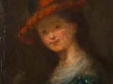 un tableau représentant une femme portant un chapeau rouge et une robe bleue