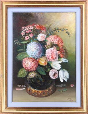 F. PAPE (XXe siècle), Nature morte aux fleurs, huile sur toi…