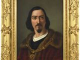 portrait d'un homme en manteau rouge, dans un cadre doré