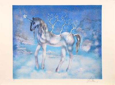 un tableau représentant un cheval blanc avec un arbre sur le dos