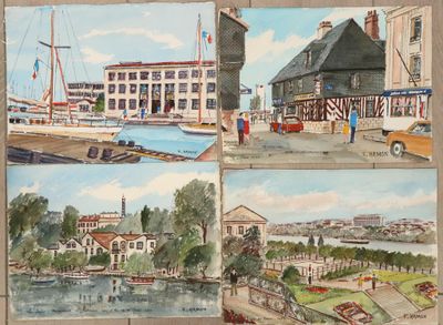 quatre aquarelles représentant des bateaux dans un port, avec des bâtiments en arrière-plan