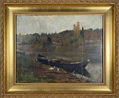 une peinture à l'huile représentant un bateau sur une rivière avec des arbres en arrière-plan