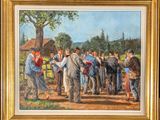 an oil painting of a group of people standing around a fence