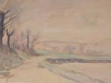 painting of a painting of a dirt road with trees and a body of water