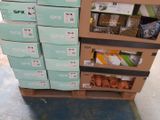 many boxes of food sitting on a pallet in a warehouse