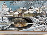 painting of a winter scene with a bridge over a river