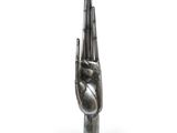 silver sculpture of a hand with two fingers on a white background